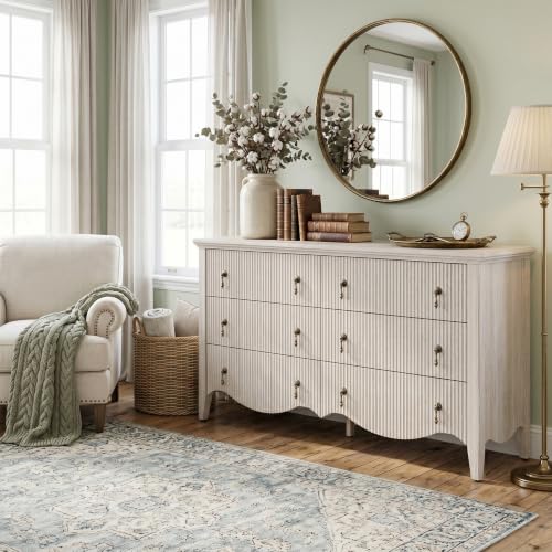Image of 6-Drawer Fluted Dresser, 52 inch Wide Double Chest of Drawers,Nature Oak