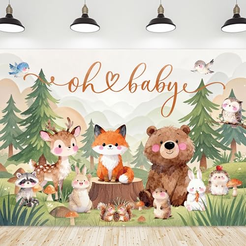 Riyidecor Woodland Baby Shower Backdrop Polyester Fabric Oh Baby Cute Animal Fox Bear Wildlife Pine Tree Lovely 7Wx5H Feet Kids Newborn Photography Background Baby Shower Photo Studio Shoot