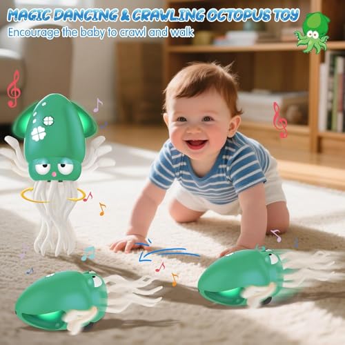 Starnearby Dancing Octopus Toy, Elektrisches Tanzender Oktopus Spielzeug, Krake Krabbelspielzeug mit Licht & Musik & Angelrute, Tummy Time Toys für Junge Mädchen (Grün)