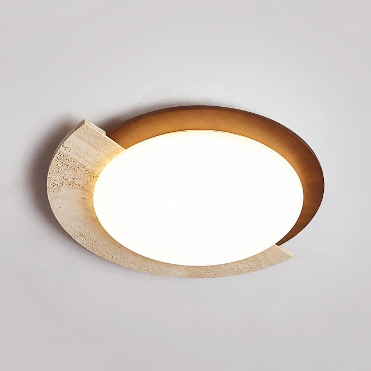 Wooden Ceiling Light Fixture Natural Stone Round Shape Farmhouse Flush Mount Lighting Travertine Ceiling Lamp Acrylic Shade 9.8" Walnut Wood Color LED Ceiling Lights (Medium-30cm)