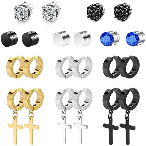 Magnetic Earrings - 15 Pairs Clip On, Non-Pierced, Fake Earrings - Black Cross Hoop Dangle for Men & Women