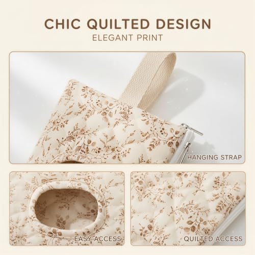 Quilted Wipe Holder, Floral Wipes Pouch with Hanging Strap for Stroller Daily Travel, Portable Quilted Storage Bag with Easy-Access Opening for Car, Leaf Print Organizer for Room and Car