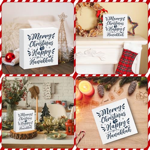 Image of Hanukkah Decor, Happy Hanukkah and Merry Christmas Wood Box Sign, Jewish Gift Ideas for Women, Jewish Christmas Home Office Decorations for Desk Table Shelf 5 X 5 Inches