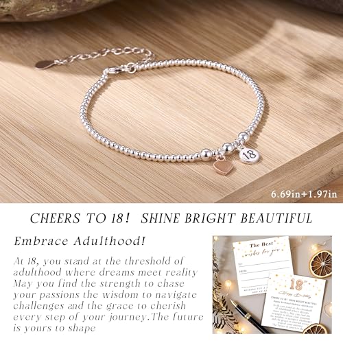 KENIY 18th Birthday Gifts for Girls, Silver Heart Bracelets for Women with Cards, 925 Sterling Silver Bracelets Adjustable, 18th Birthday Gifts Ideas for Daughter Sister Granddaughter Friends - Image 2