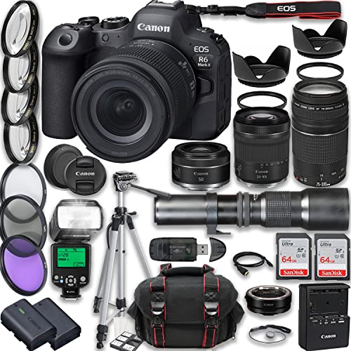 Canon EOS R6 Mark II Mirrorless Camera with RF 24-105mm STM + EF 75-300mm III + RF 50mm f/1.8 STM + 500mm Focus Lenses + 2X 64GB Memory Cards & More (Renewed)