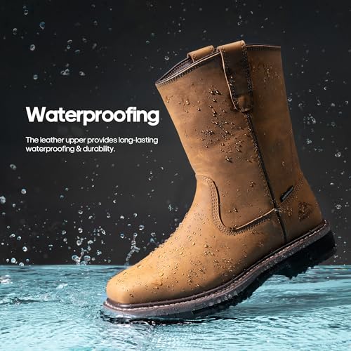 Image of NORTIV 8 Steel Toe Cowboy Boots for Men | Waterproof Pull on Wellington Western Cowboy Boots for Men with Full-grain Leather for Construction Farming Bronco Stormrider