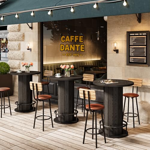 Image of Tribesigns Round Dining Table, Bar Height Commercial Kitchen Table with Wood Strip Base and Footrest, for Dining Room, Restaurant, Cafe, Bakery, Pub, Apartment, Black (Only Table)