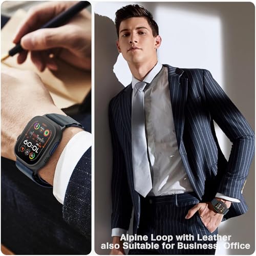 Image of MRAIN-H Leather Design Compatible with Apple Watch Bands Ultra 3 2 1 (49mm) & Series 11 10 9 8 7 6 5 4 SE 3 2 1 (46mm 45mm 44mm), Soft Stretchy Nylon Sport Band for iWatch Men Women