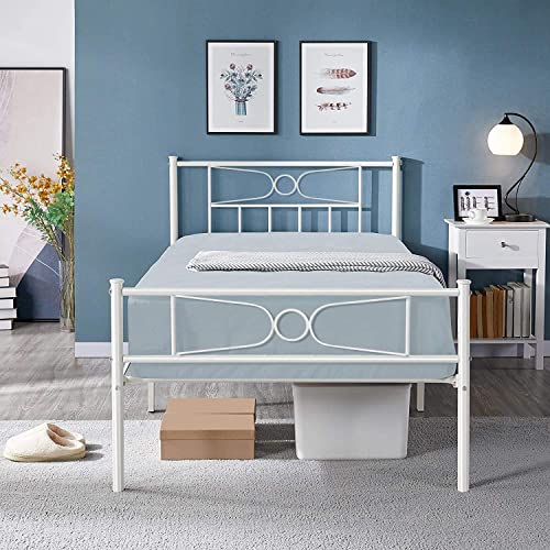 GIME Twin Size Bed Frames with Storage for Girls Boys Adults, Metal White Bed Frame No Box Spring Needed, Single Bed Platform Mattress Foundation with Headboard/Footboard for Student