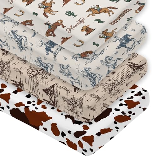 4 Pack Western Cowboy Crib Sheet Set for Boys or Girls, Neutral Soft Breathable Fitted Crib Sheet, Western Nursery Decor for Standard Crib and Toddler...