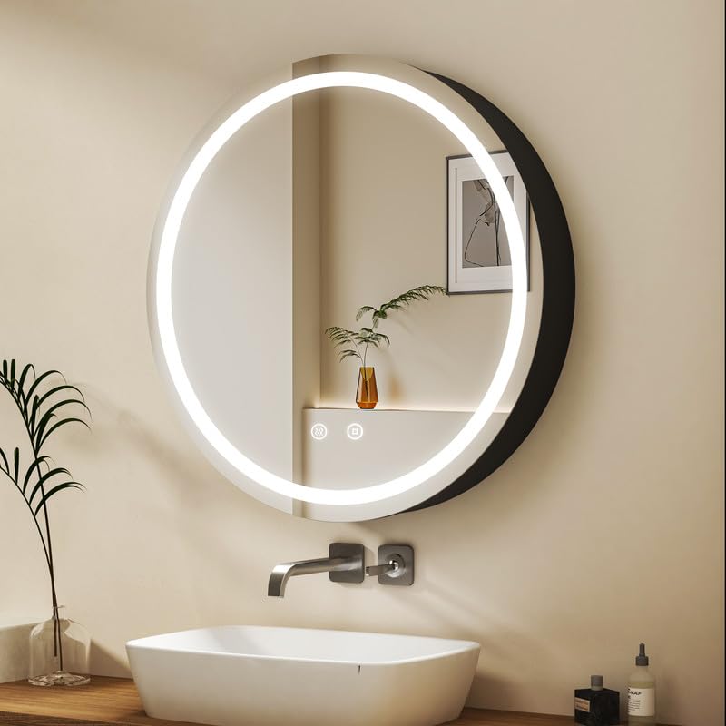 WDWRITTI Spiegelschrank mit Beleuchtung 60x60cm LED Badezimmerschrank, Dimmbar Bad Spiegel Badschrank Runder Medizinschrank mit Anti-Beschlag-Funktion