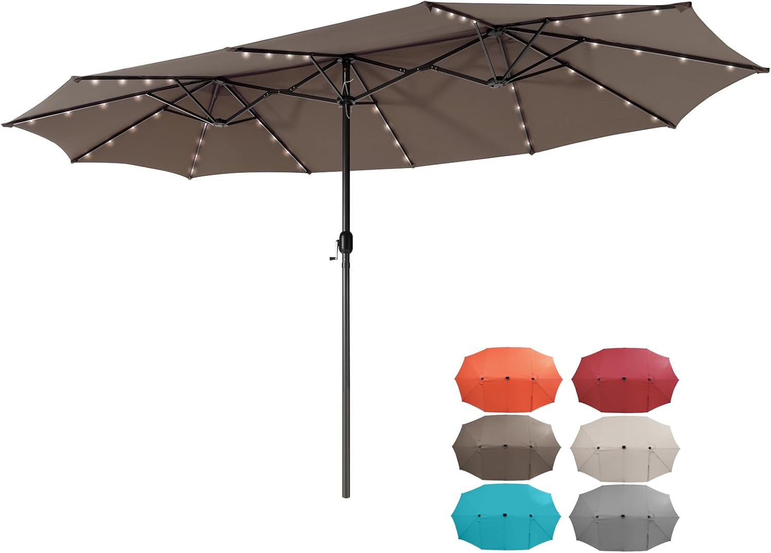 HAPPYGRILL 15 FT Double-sided Patio Umbrella with Solar Lights, Crank Handle & 12 Heavy-Duty Ribs, Outdoor Twin Size Oversized Rectangle Market Umbrella for Garden Deck Poolside