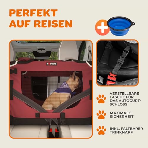 CADOCA® Hundebox faltbar Transportbox XL 82x56x58cm robust atmungsaktiv Transporttasche Auto Rückbank Haustiertransportbox Hundetragetasche Dunkelrot