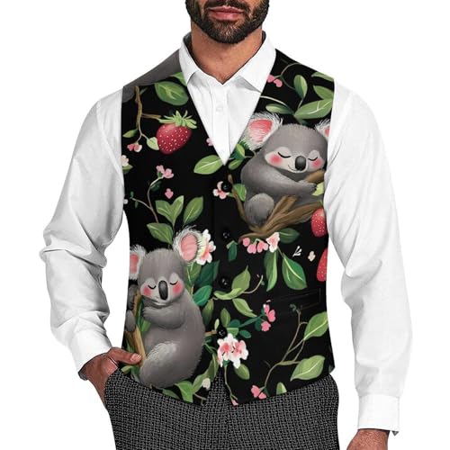 Cute Strawberry Koala Men's Suit Vest Slim Fit Business Dress Party Pattern Waistcoat Vest Top