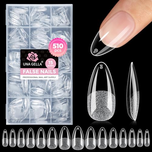 UNA GELLA Almond Nail Tips: 510Pcs Almond Gel Nails Tips 15 Sizes Pre-Etched Full Cover A lmond Clear Press on Nails Acrylic False No C Curve Nail Tips for Press on Nail Extensions Home DIY Salon