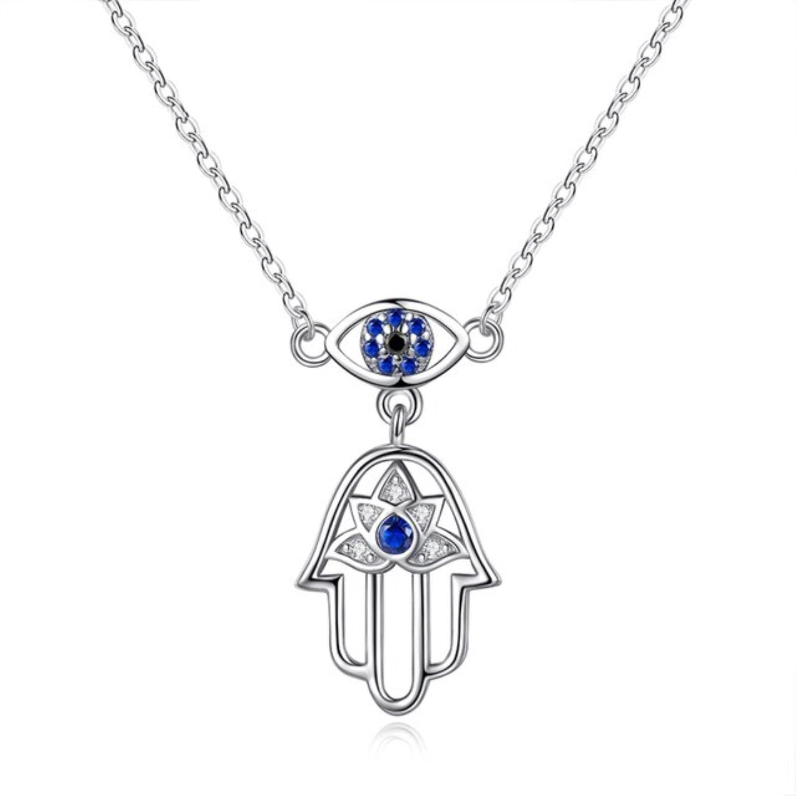 LAMGUL Collar con Colgante de Mano de Ojo Malvado para Mujer, joyería turca de Plata de Ley 925 de Cristal, Cadena de eslabones Hueca para clavícula