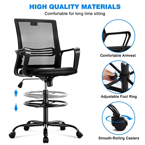Drafting Chair With Fixed Armrests And Foot-Ring, Tall Office Chair For Standing Desk Adjustable Height Office Desk Chair For Home Office, Breathable Mesh Swivel Rolling Tall Chair Black #TOP2