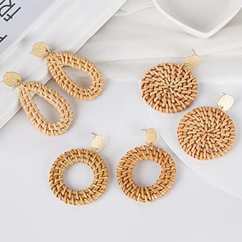 4 Pairs Rattan Earrings For Women Girls Lightweight Geometric Tassel Woven Bohemian Statement Earrings Handmade Straw Wicker Braid Teardrop Hoop Drop Dangle Earrings (Style-2) #TOP5