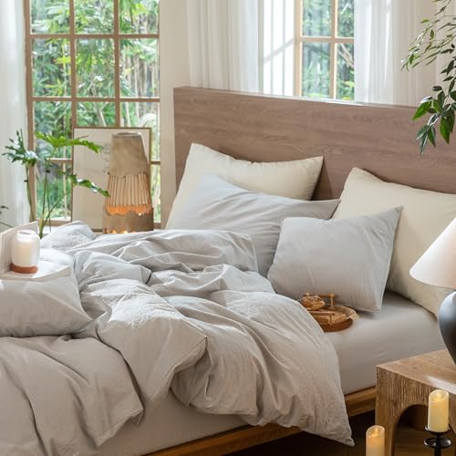 Image of MooMee Wavy Striped Duvet Cover Set 100% Washed Cotton Linen Like Textured Breathable Durable Soft Comfy (Light Grey, Queen 90 inchx90 inch)