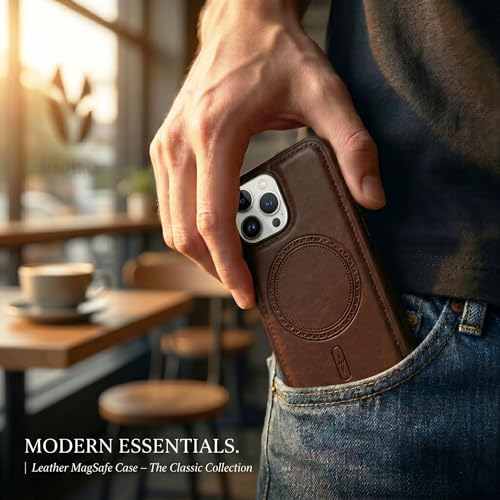 Image of amazon basics Premium PU Leather Case for iPhone 15 Pro Max, MagSafe Compatible Magnetic Ring, Sleek Protective Back Cover - [Brown]