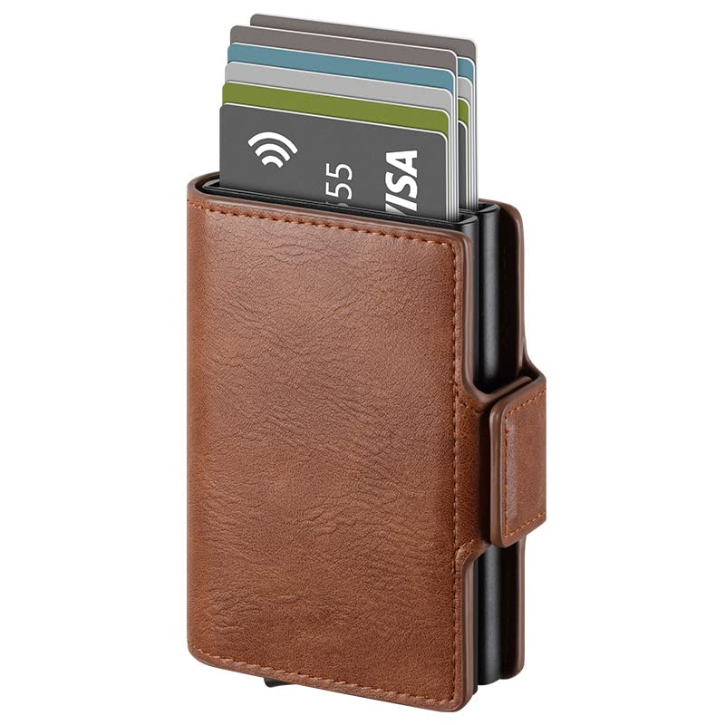 Credit Card Sleeves RFID Blocking Wallet for Men and Women Cowhide Leather Pop-Up Wallet Aluminum Tri-fold Wallet Durable Quality Luxury Mother and Father's Day Gifts Card Wallet (Brown)