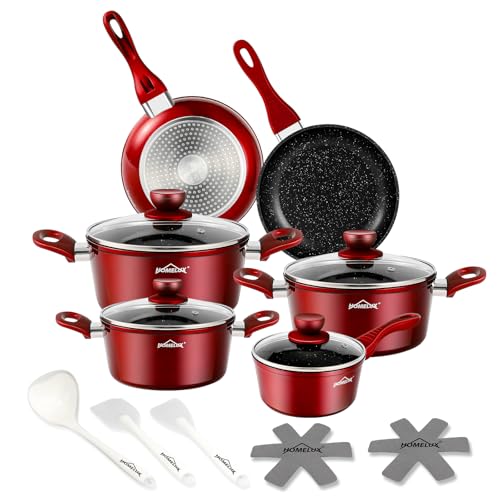 Topfset HOMELUX 15tlg Induktions Töpfe Set,Aluminiumguss Kochtopfset,Antihaftbeschichtung Pfannenset,Töpfe Set mit Deckel,PFOA frei Topfset Induktion für Induktion alle Herde,Rot (HLCW15RD)