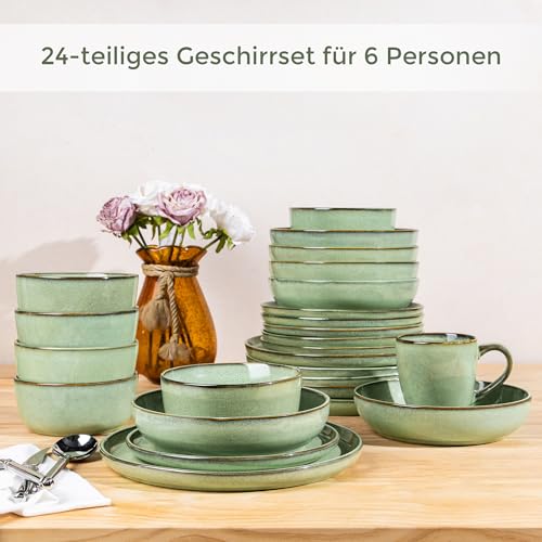 GBhome Geschirrset 4 Personen, 12-tlg Reaktive Glasur Handarbeit Steingut Geschirr Set, Mikrowellen- & Spülmaschinenfest Schüssel- und Teller Set, Pastellgrün, GDW067GN-EU