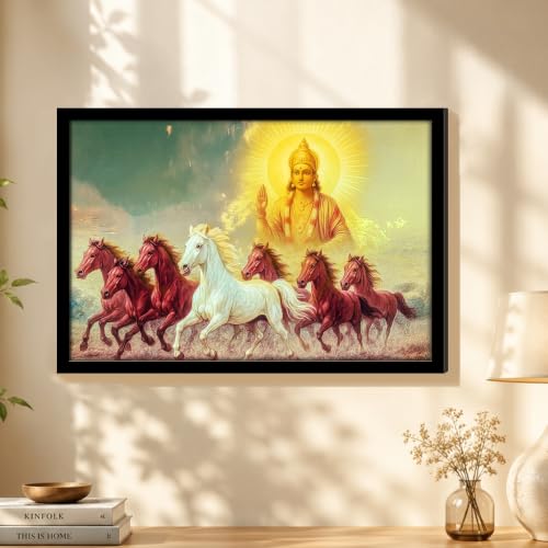 Image of PAINTINGMANRA Shurya Dev 7 Running Horses Framed Wall Art Painting For Living Room Seven Horse Vastu Feng Shui Poster with frame for Wall, Decoration item for bedroom, 13x17.5 Inch