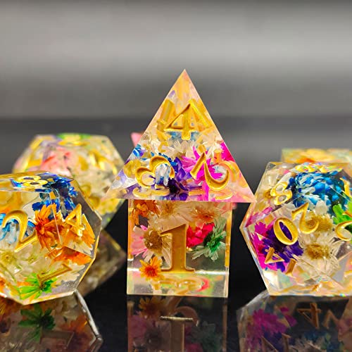 WZLHJRAR-DND-Dice-Set-7pcs-DD-Dungeons-and-Dragons-RPG-Polyhedron-with-Sharp-Edges-Resin-Dice-MTG-Pathfinder-Tabletop-Game-Collection-and-Gifts-D20-Black-Storage-Bag-Flower
