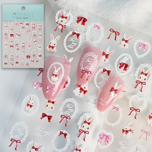 CESTSIREN Bunny Lace Nail Art Stickers Cute Rabbit Nail Decals Self-Adhesive Nail Accessories & Supplies Durable & Long-Lasting