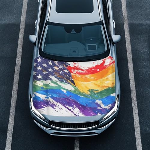 Image of Rainbow American Flag Car Hood Cover, Washable Elastic Watercolor Wave American US Flag Auto Hood Protector Stretchable Polyester Fabric, Car Bonnet All-Season Protection