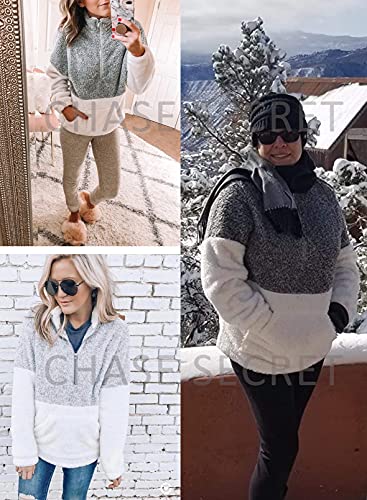 Chase Secret Womens Autumn Winter Casual Zipper Collar Sherpa Fleece Pullover Long Sleeves Tops with Pockets S Grey