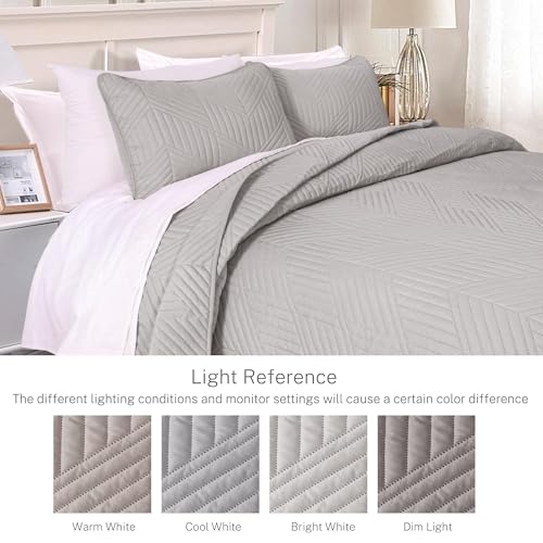Exclusivo Mezcla Ultrasonic Twin Quilt Bedding Set, Lightweight Light Grey Bedspreads Soft Modern Geometric Coverlet Set for All Seasons (1 Quilt and 1 Pillow Sham)
