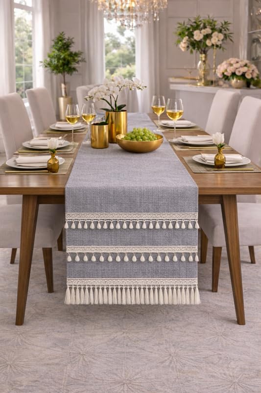 WWW.THROWPILLOW.IN Light Grey Table Runner with Tassels & Kowri 14x72 Inches | Fits 5 Feet TV Unit Cabinet, Center Table, Coffee Table, Dining Table, Entry Console| Diwali Festive Decor