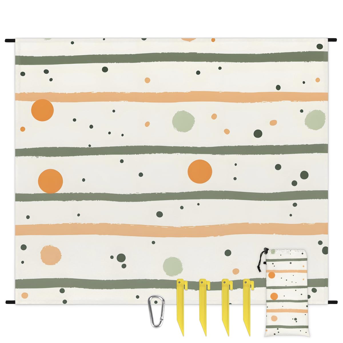 Eabrults Waterproof Sandproof Beach Blanket, 59''×68'' Plant Horizontal Stripes Polyester Outdoor Picnic Blanket with 4 Stakes & Storage Bag for Beach,Camping,Vacation