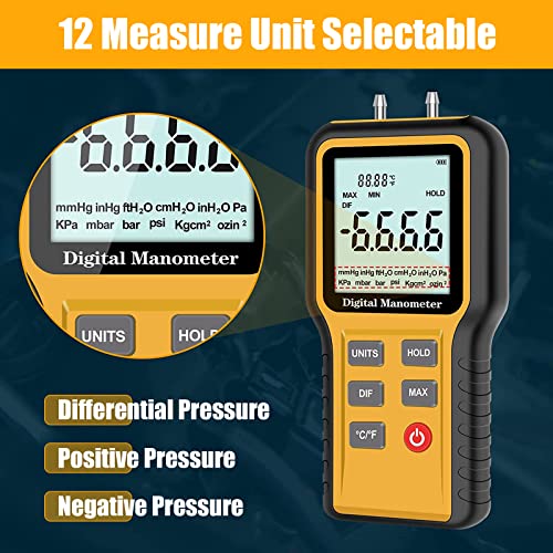 Image of BTMETER QX-1201 Digital Manometer, Dual-Port Gas Pressure Tester for HVAC | Air Pressure Meter, Differential Pressure Gauge, ±2.999 psi Range, ±0.3% FSO Accuracy, 12 Selectable Units, Backlit LCD