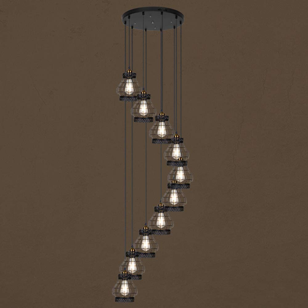 Lustre escalier industriel rétro en fer forgé cage 10 lumières pour loft