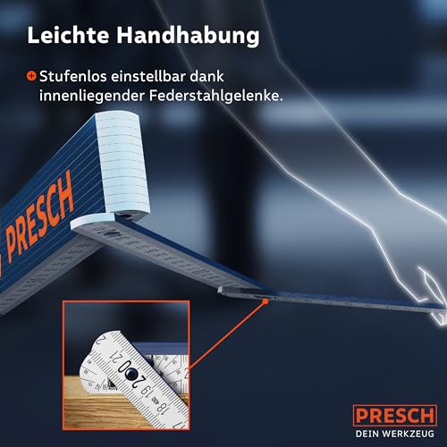 Presch Zollstock 3m mit Winkelfunktion - Holz - Blau - Große & sehr gut lesbare Zahlen - Exaktes Einrasten - Meterstab, Messstab, Metermaß, Gliedermaßstab, 3 meter Zollstock mit Werkzeugmuster