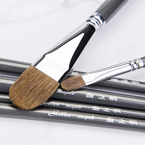 Sable Bristle Flat Paint Brush, Artists Filbert Paint Brushes 6Pcs With Long Wood Handle, Miniature Detail Brushes For Watercolor, Gouache, Ink, Oil, Acrylic Painting #TOP6