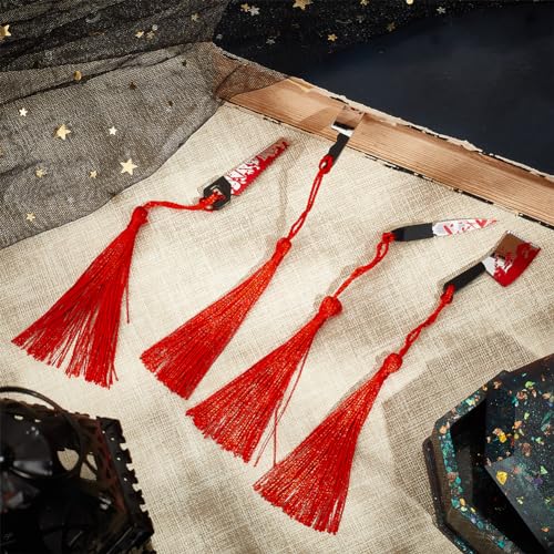 GOMAKERER 8 Pcs 4 Styles Blood Splatter Dagger Bookmarks, Halloween Theme Bookmark Tassels Acrylic Pendant Bookmark Cleaver Chainsaws Saw Bookmarks for Crafts Book Lover Jewelry Making - Image 4