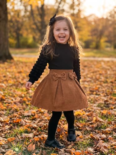 Image of Noubeau Toddler Girls Plaid Outfits Girls Puff Sleeve Knit Ribbed Shirt Tops Plaid Skirt Set Kids Fall Winter Clothes
