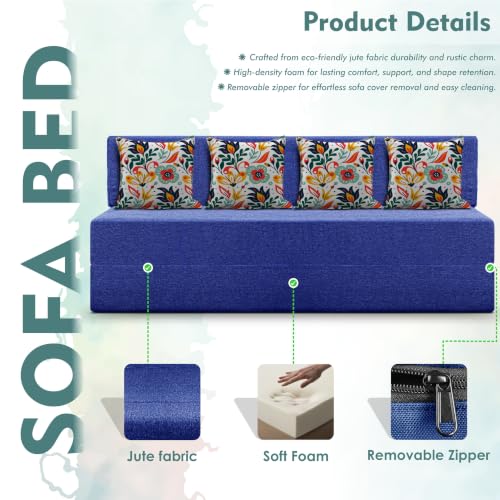 Image of Los Angeles Foldable Four Seater Sofa Cum Bed, Sofa Bed 6 X 6 Feet Jute Fabric Washable Cover- Including Cushion Perfect for Living Room - Blue