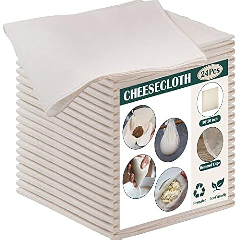 Reginary 24 Pcs Cheese Cloths Bulk, Grade 100, Hemmed Cheesecloth for Straining Unbleached Cotton Muslin Cloth Reusable for Cooking Baking Juicing Cheese Making (20 x 20 Inches) Cover