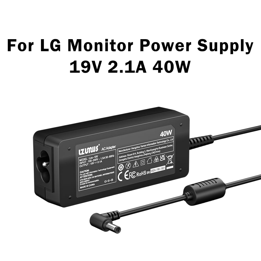 LZUMWS 19V 2.1A 40W AC Adapter for LG Monitor Power Cord Compatible with Select LG 19-32 Inch LED LCD Displays Replacement Power Supply for Ultrawide Monitor Models