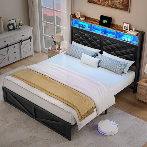YITAHOME Bed Frame with Charging Station and Storage Headboard LED Lights