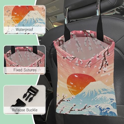 Image of Plum Blossoms Car Trash Bag,Sunrise Hanging Drawstring Car Garbage Bag,Waterproof Canvas Car Back Seat Organizer with Adjustable Buckle,for Vehicles,SUVs,Camping,Road Trips