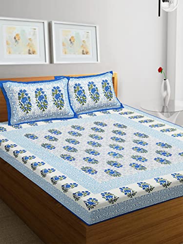 Image of RajasthaniKart Pure Cotton 144 TC Printed Double /Queen Bed Elastic Fitted Bedsheet with 2 Pillow Covers - All Around Elastic | 60 inchx78 inch, Fits Up to 8 inch Mattress | Jaipuri Print, 5260