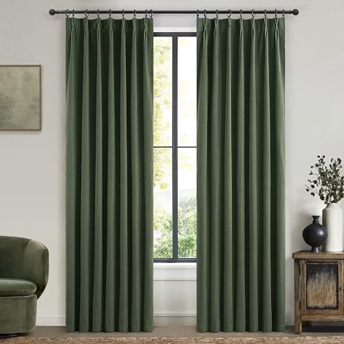 Image of Dark Olive Green Bedroom Curtains 92 Inch Length 2 Panels Set Burg,Pinch Pleated Decorative Blackout Drapes Thermal Insulating Window Full Light Blocking Linen Blend Sunroom Pine (40 inchWx92 inchLx2 Loden)