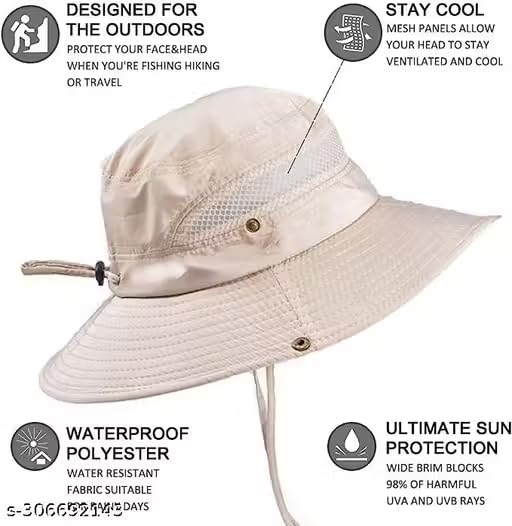 Image of Round Crown Hat Sun Visor Hats for Women UV Protection Wide Brim Summer Cap for Girls UV Breathable Casual Beach Hat, Safari Hat Sun Protection Cap for Women Girl Men (Beige)