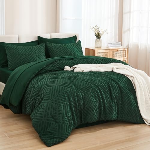 Andency King Size Comforter Set 7 Pieces Dark Emerald Green - Bed in a Bag King Boho Lightweight Fluffy Tufted Bedding Comforter Sets with Quilt Comforter, Sheets, Pillowcases & Shams
